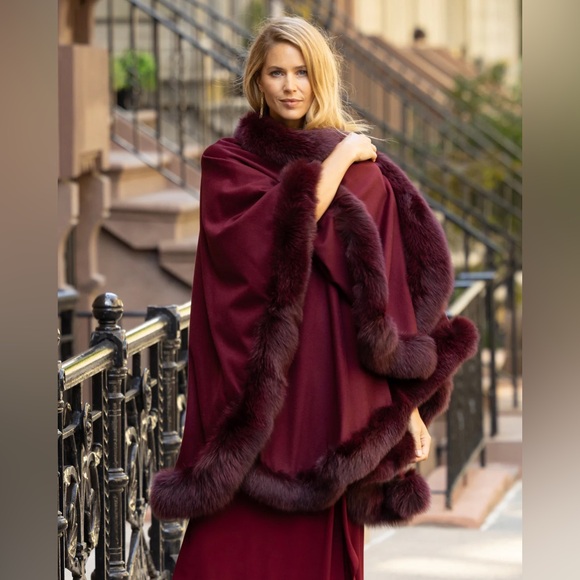 Sofia Cashmere Cervinia Fox Fur Trimmed Burgundy Garnet Red Cape - Petite Length - Picture 9 of 13